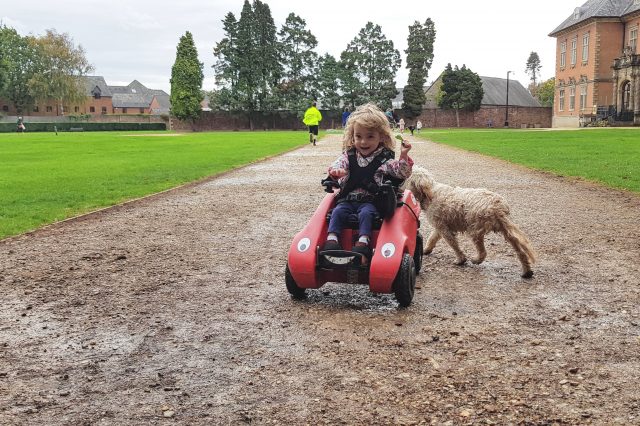 Young girl in a Wizzybug powered wheelchair outside with a dog
